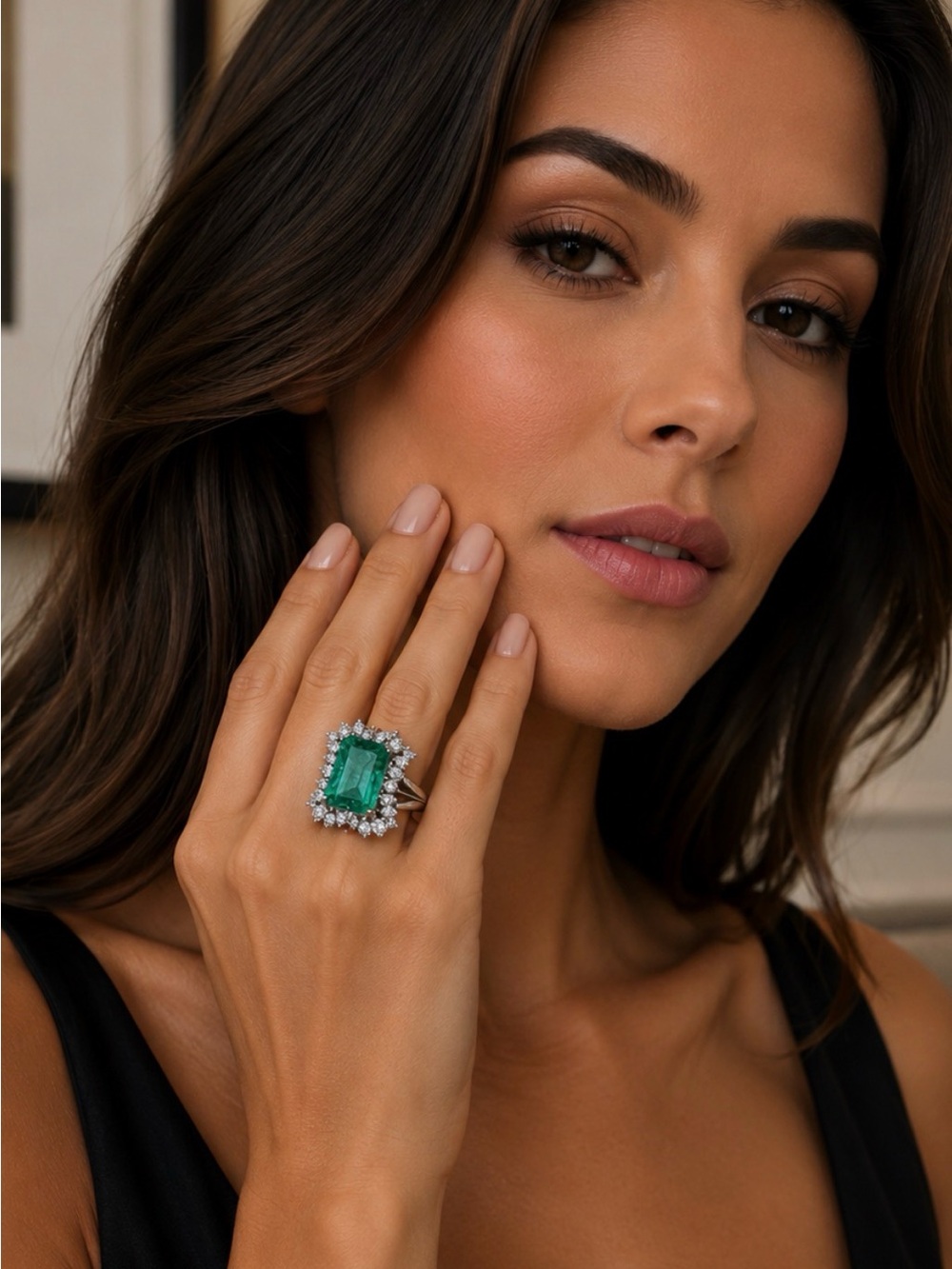 Certified $7000 3.12 CTW Emerald & 0.68 CTW Diamonds Cathedral Ring Pt900